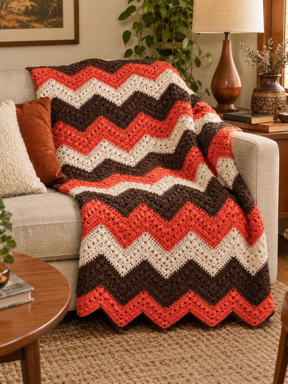 VTG 70s Crochet Chevron Zig Zag Afghan Blanket Retro Orange Brown Cream Throw